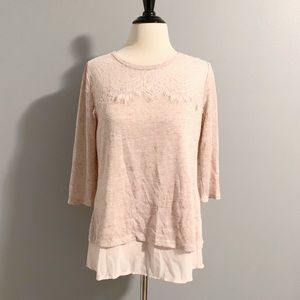 Adiva 3/4 Sleeve Top w/ Lace Detail Pink Sz S